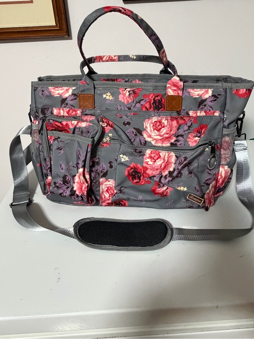 Gray Floral Tote Bag with Pink Rose Print